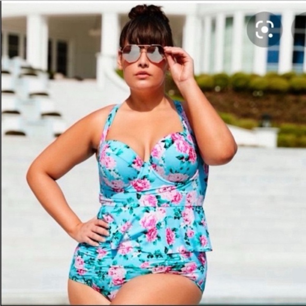 Torrid Blue Floral Garden Push Up Peplum Midkini & Swim Bottoms